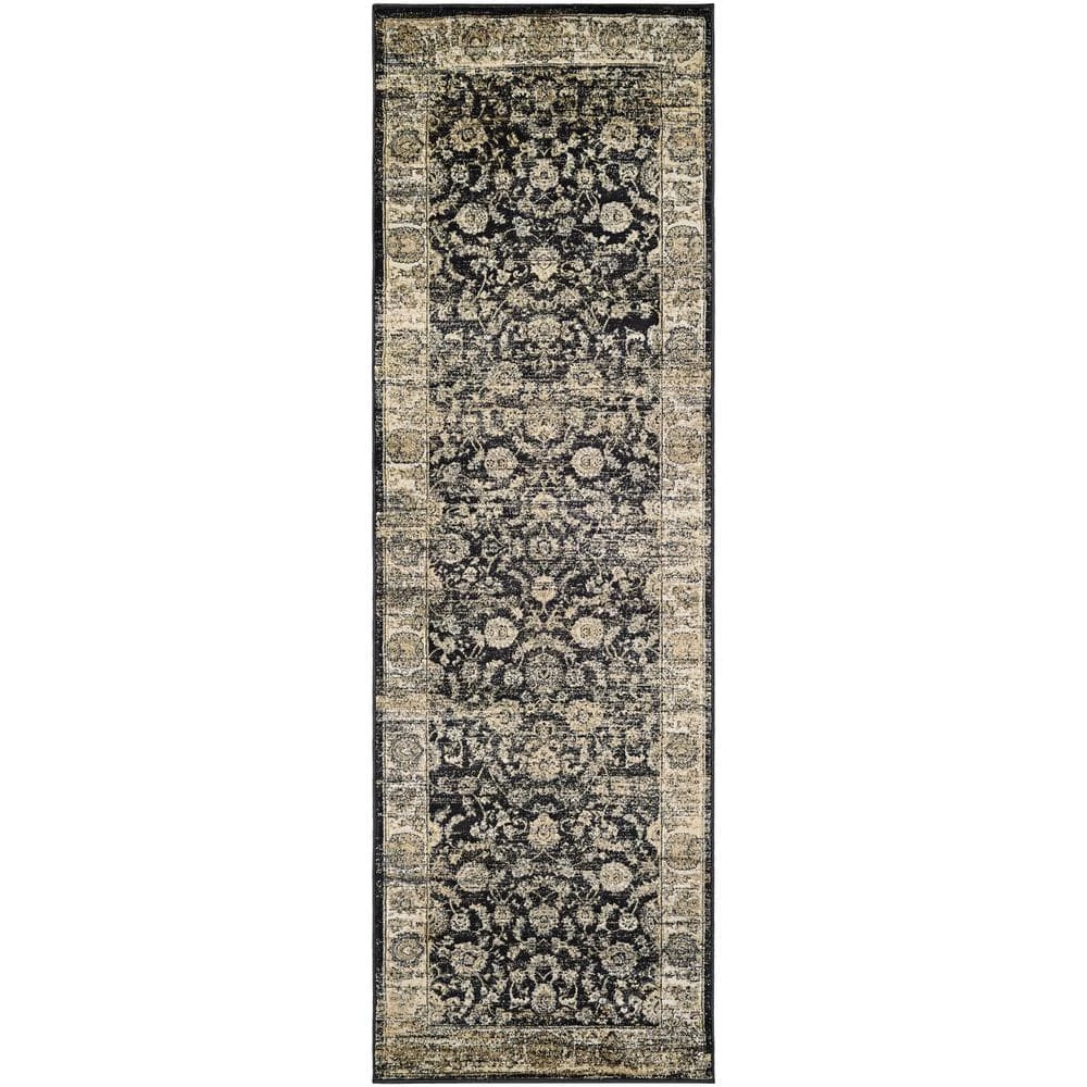 Zahara Floral Emblem Black-Oatmeal 3 ft. x 8 ft. Runner Rug by Couristan 1 Zahara Floral Emblem Black-Oatmeal 3 ft. x 8 ft. Runner Rug by Couristan