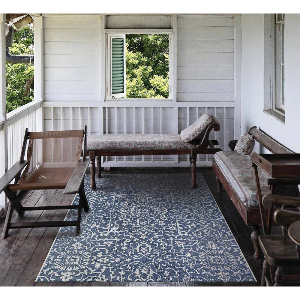 Monte Carlo Palmette Navy-Ivory 7 ft. 6 in. x 10 ft. 9 in. Indoor/Outdoor Area Rug by Couristan 2 Monte Carlo Palmette Navy-Ivory 7 ft. 6 in. x 10 ft. 9 in. Indoor/Outdoor Area Rug by Couristan - Image 2